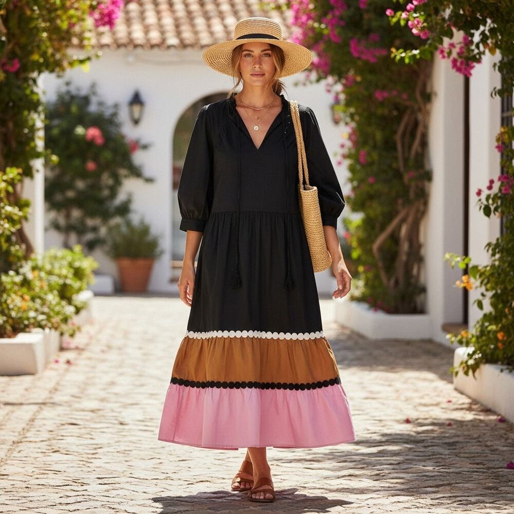 Crosby Mollie Burch Midi Dress Sz L Black Brown Pink Colorblock 3/4 Puff Sleeve